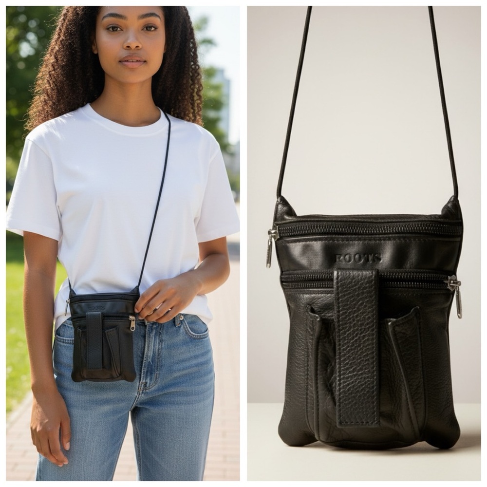 Roots‎ Vintage Y2K 90s Leather Bag Utility Phone Shoulder Crossbody Tech Pocket